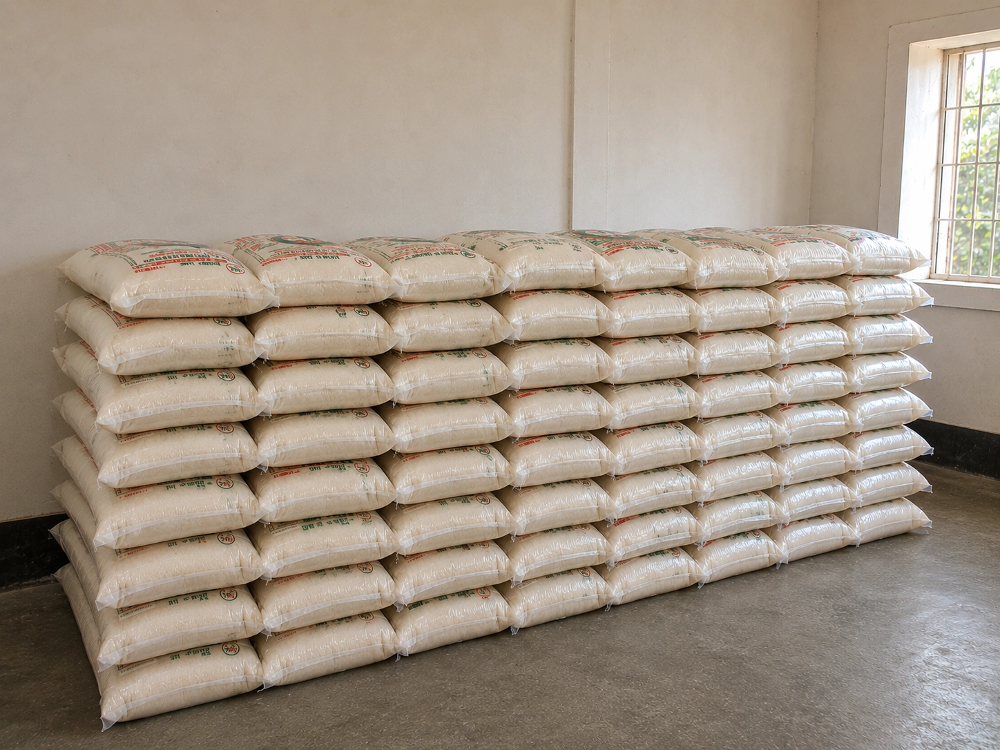 Stacked bags of rice prepared for distribution